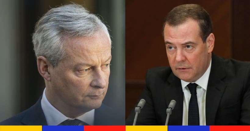 <p>À gauche : Bruno Le Maire © Blondet Eliot / ABACA via Reuters Connect. À droite : Dmitry Medvedev © Yekaterina Shtukina / POOL / TASS via Reuters Connect</p>
