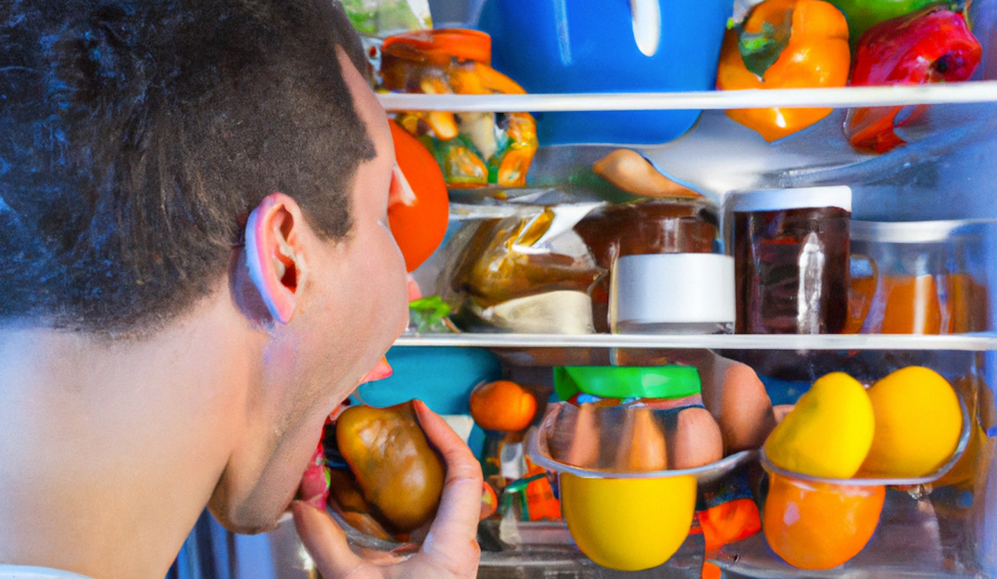 <p>On a demandé à l&#8217;IA Dall-e : Manger un frigidaire plein de nourriture périmée</p>
