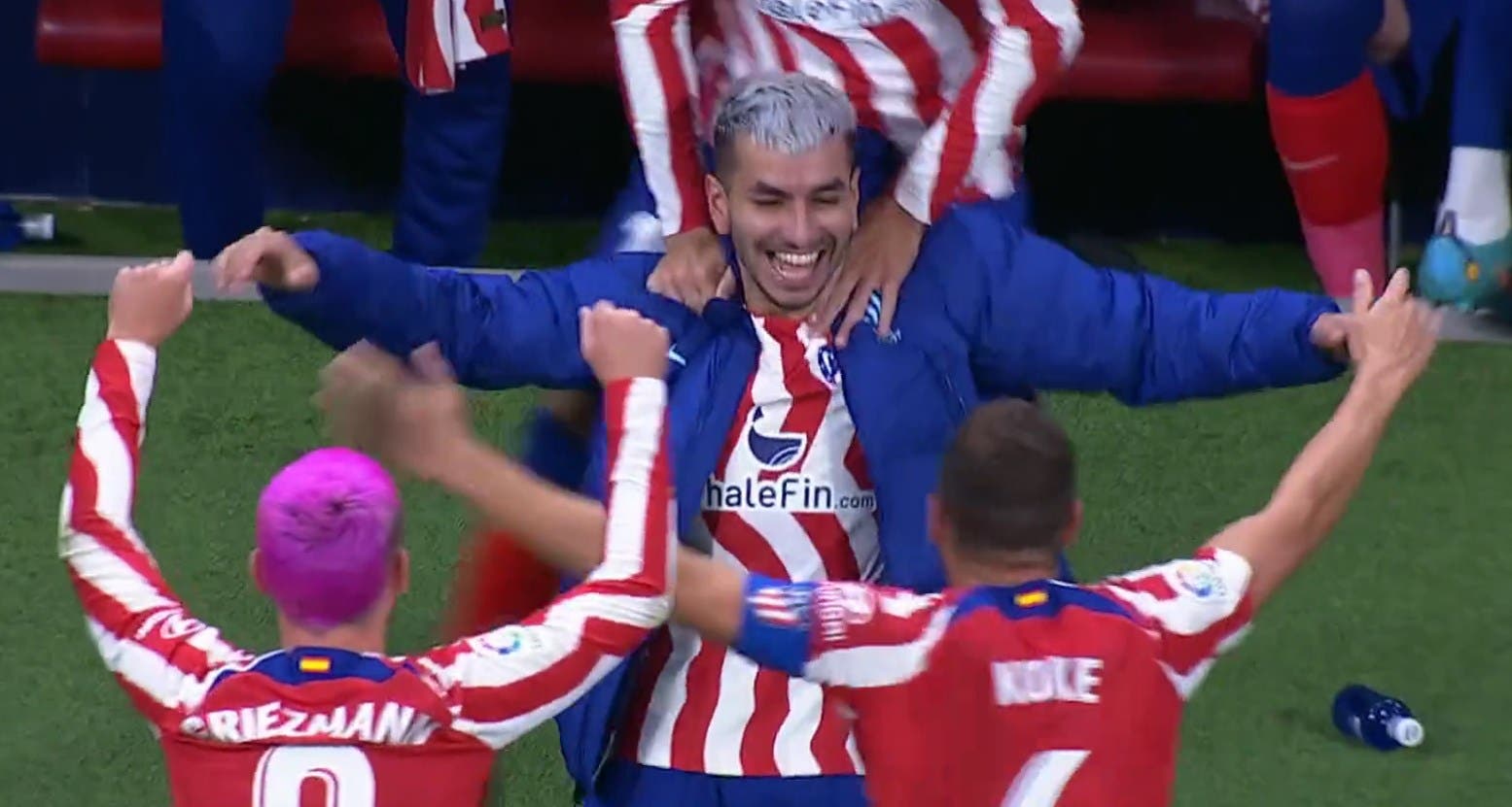 <p>Angel Correa (doudoune bleue) qui célèbre son but depuis le banc de touche &#8211; (© Twitter/BeIn Sports)</p>
